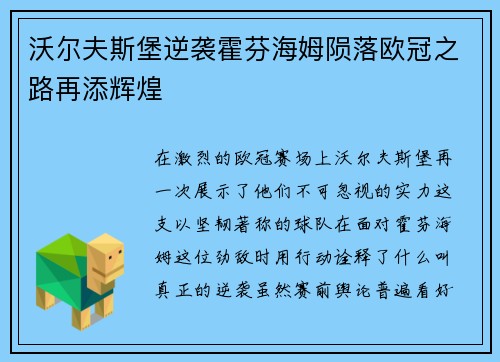 沃尔夫斯堡逆袭霍芬海姆陨落欧冠之路再添辉煌