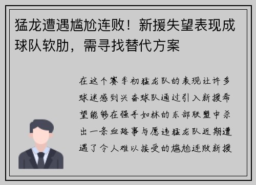 猛龙遭遇尴尬连败！新援失望表现成球队软肋，需寻找替代方案